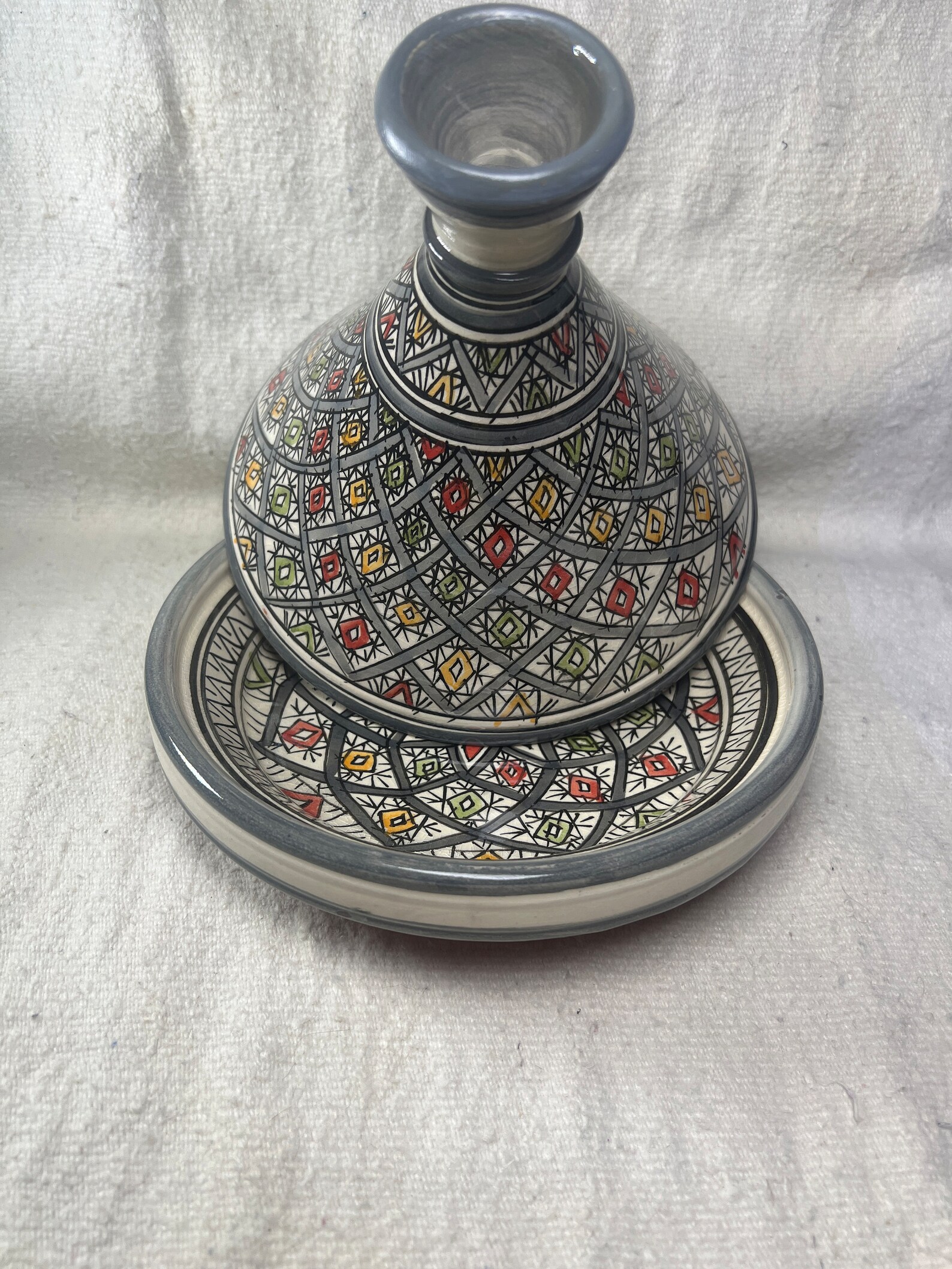 Amazigh handmade ceramic White Black tagine serving table