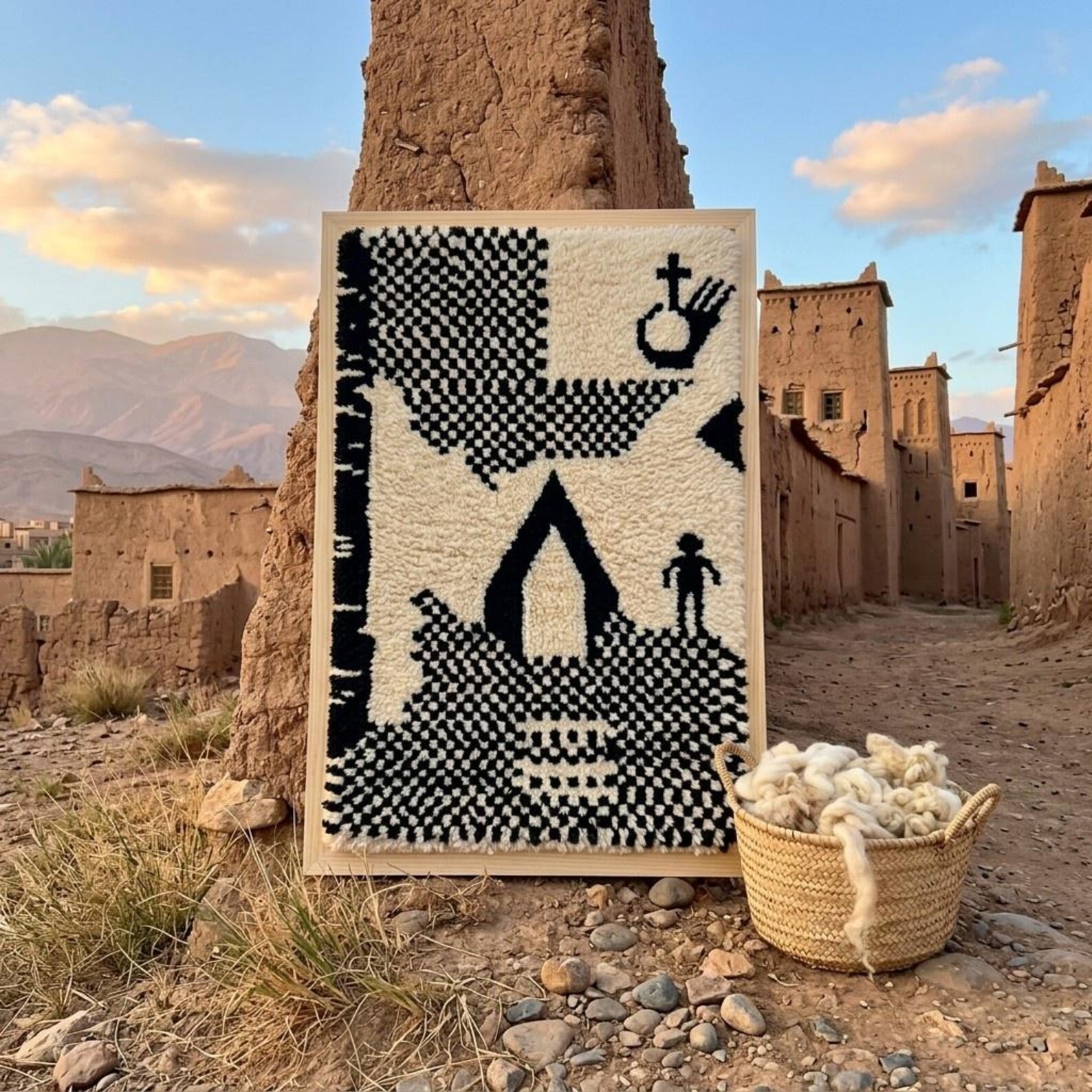 Handwoven Amazigh Berber Wool Rug Wall Tapestry with Tuareg Yaz
