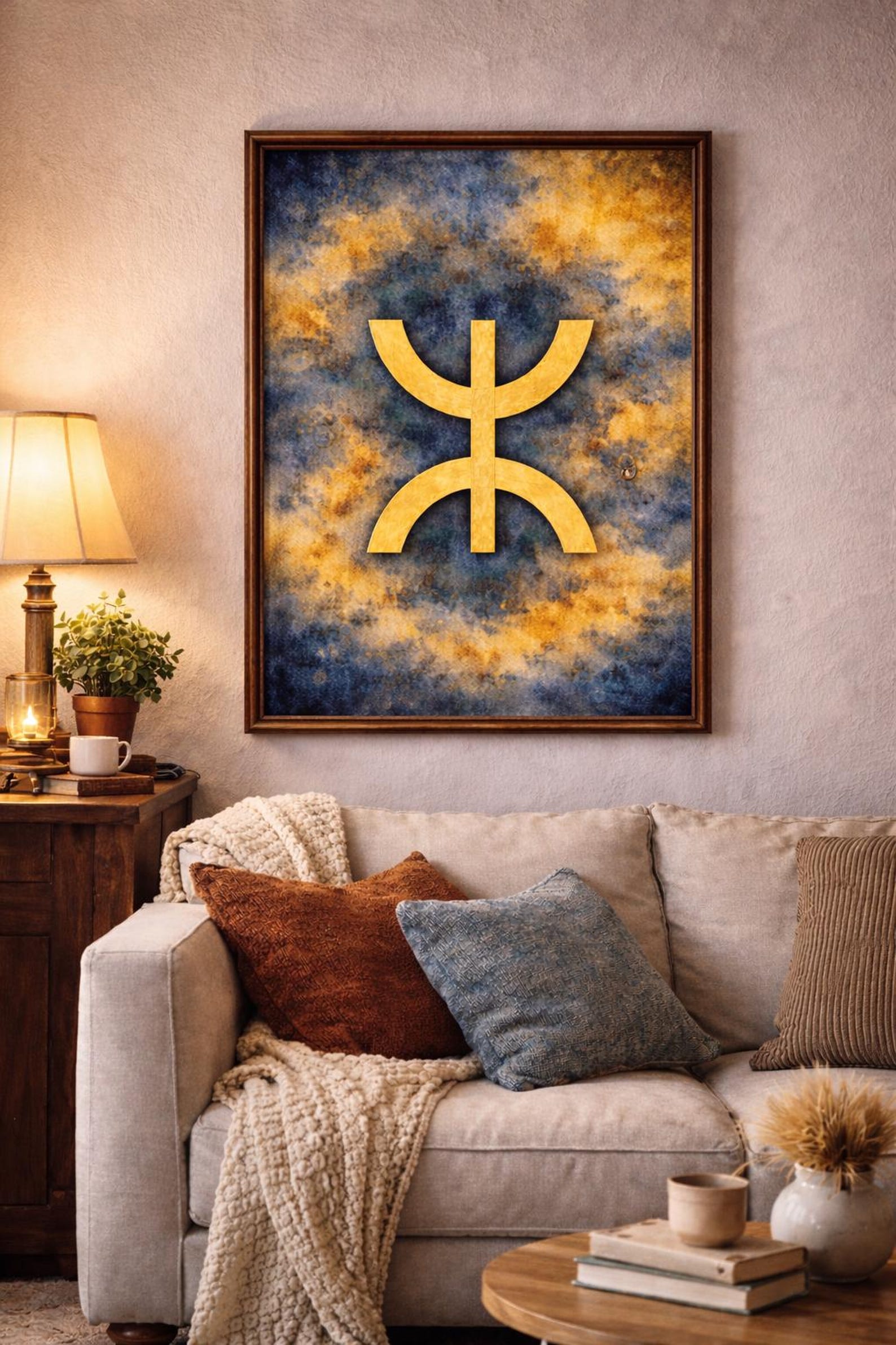 Amazigh Yaz Symbol Berber Blue Gold Abstract Printable Wall Art