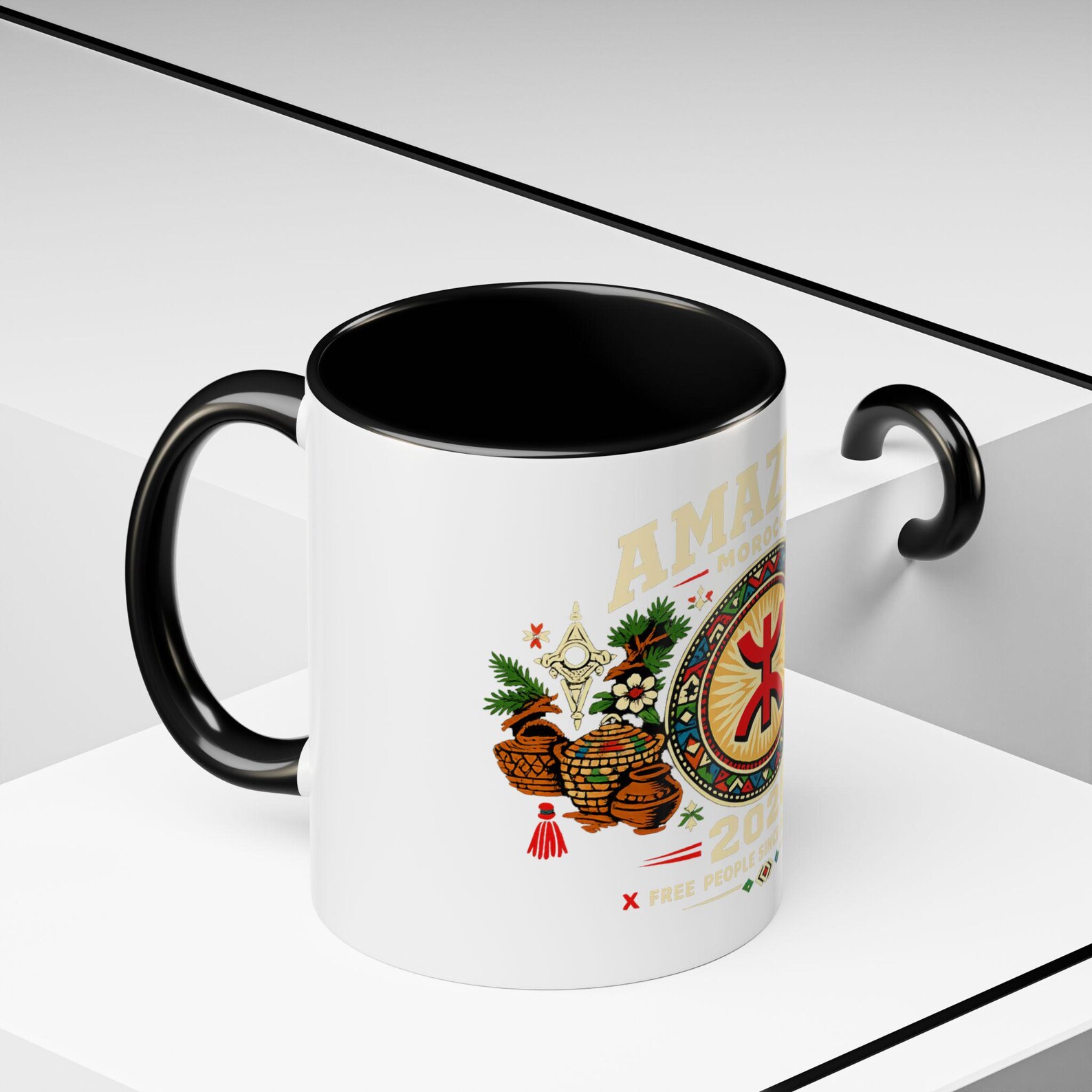 Berber Symbol Coffee Ceramic Accent Handle White Mug