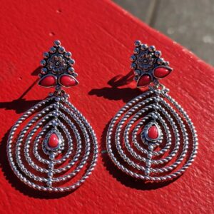 Handmade Kabyle Amazigh Red Coral Leaf Motif Dangle Earrings