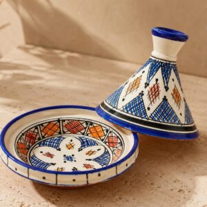 Amazigh Small hand-painted Safi ceramic serving tagine with blue