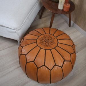 Amazigh Artisanal Leather Pouffe Handmade Brown Delivered Pouf