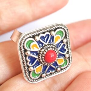 Amazigh Ring in métal argenté émaillé kabyle- - berbère