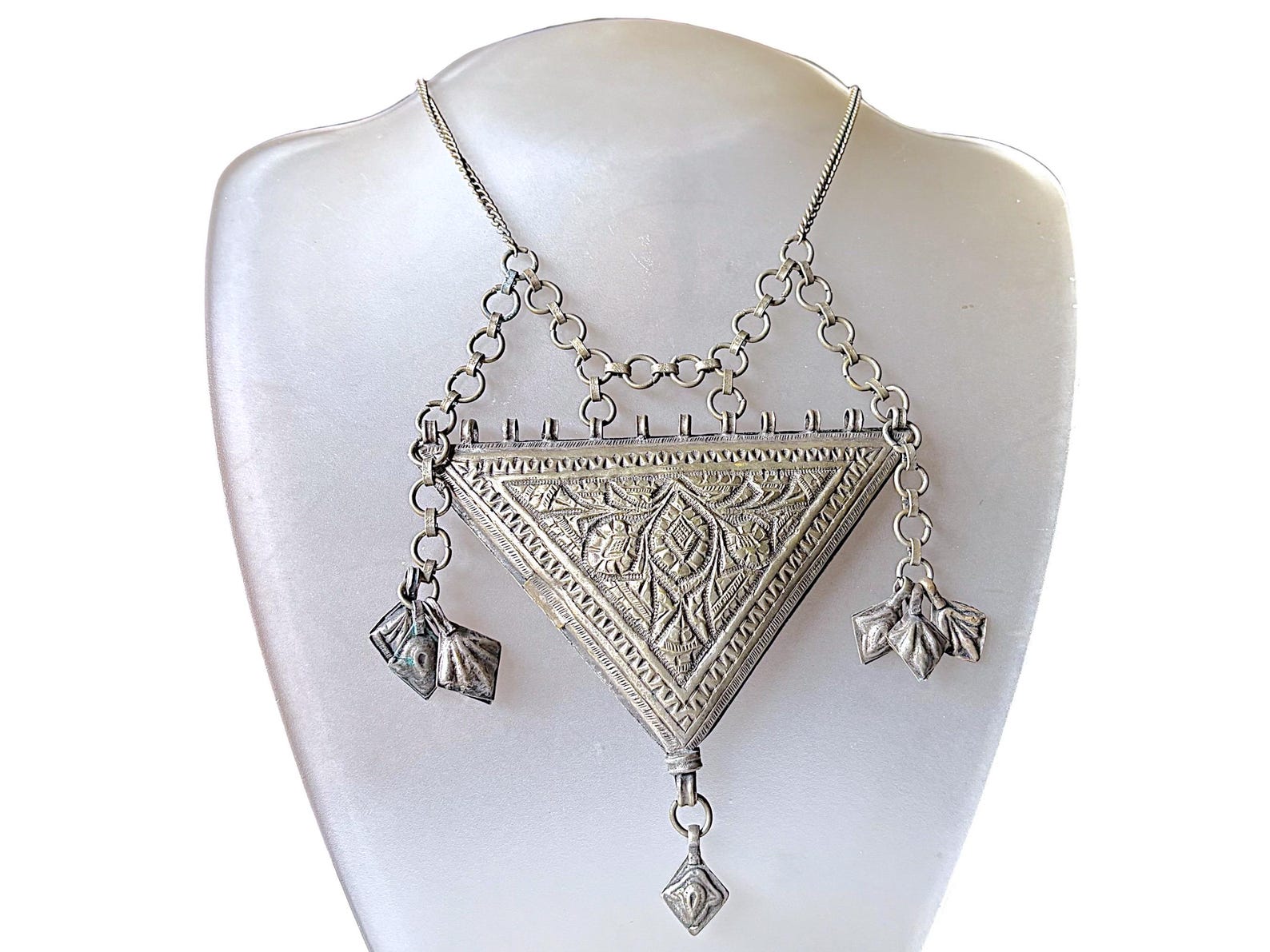 Berber Antique Hand Engraved Silver Alloy Amulet Necklace