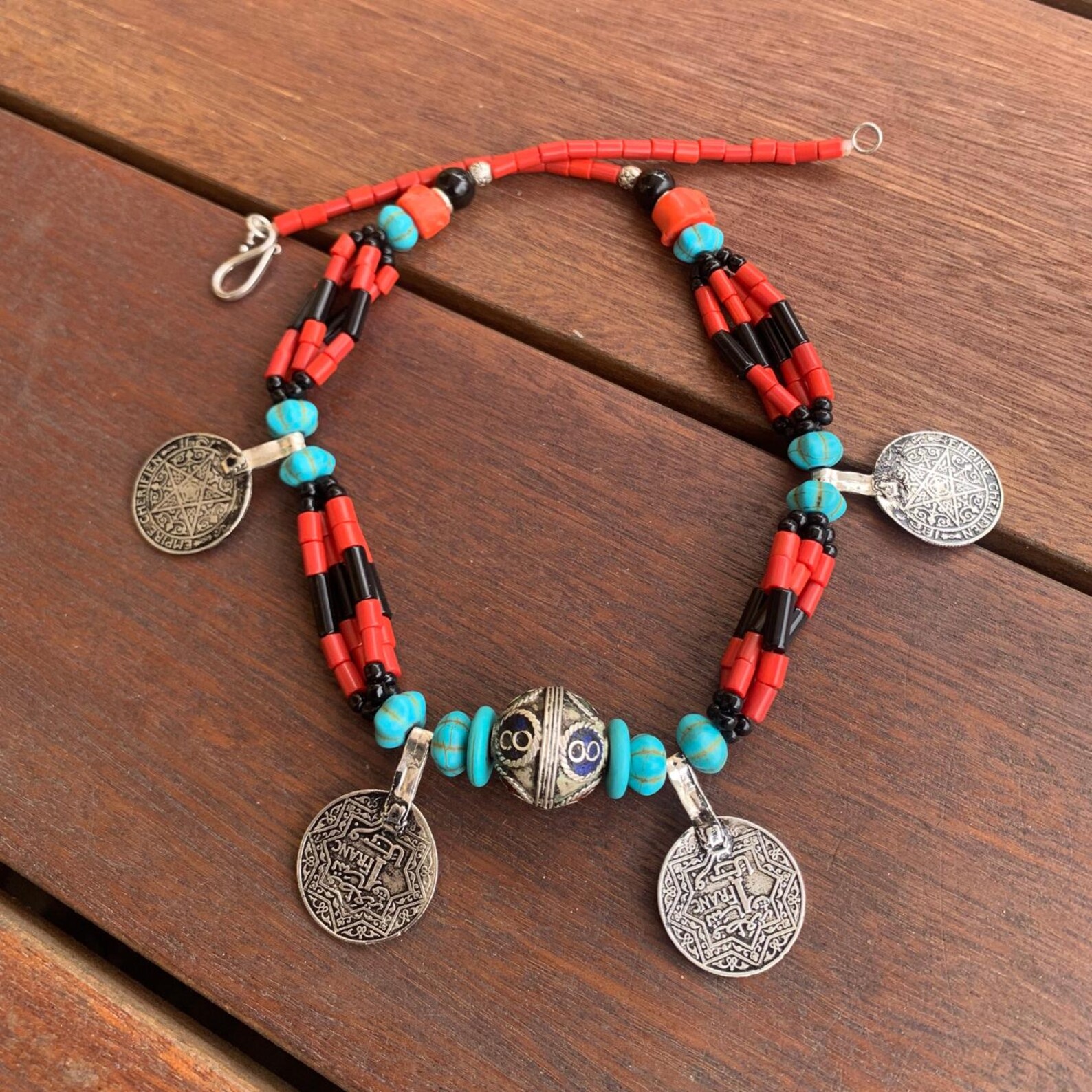 Berber Coral Turquoise Antique Coin Handmade Statement Necklace