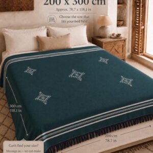 Amazigh Deep Teal Cotton Bedspread Handmade White Blanket