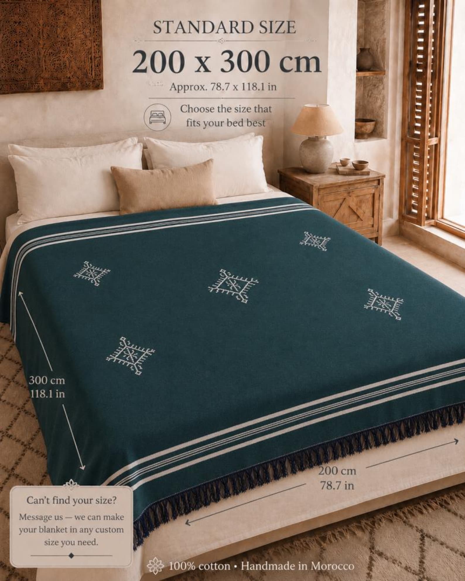 Amazigh Deep Teal Cotton Bedspread Handmade White Blanket