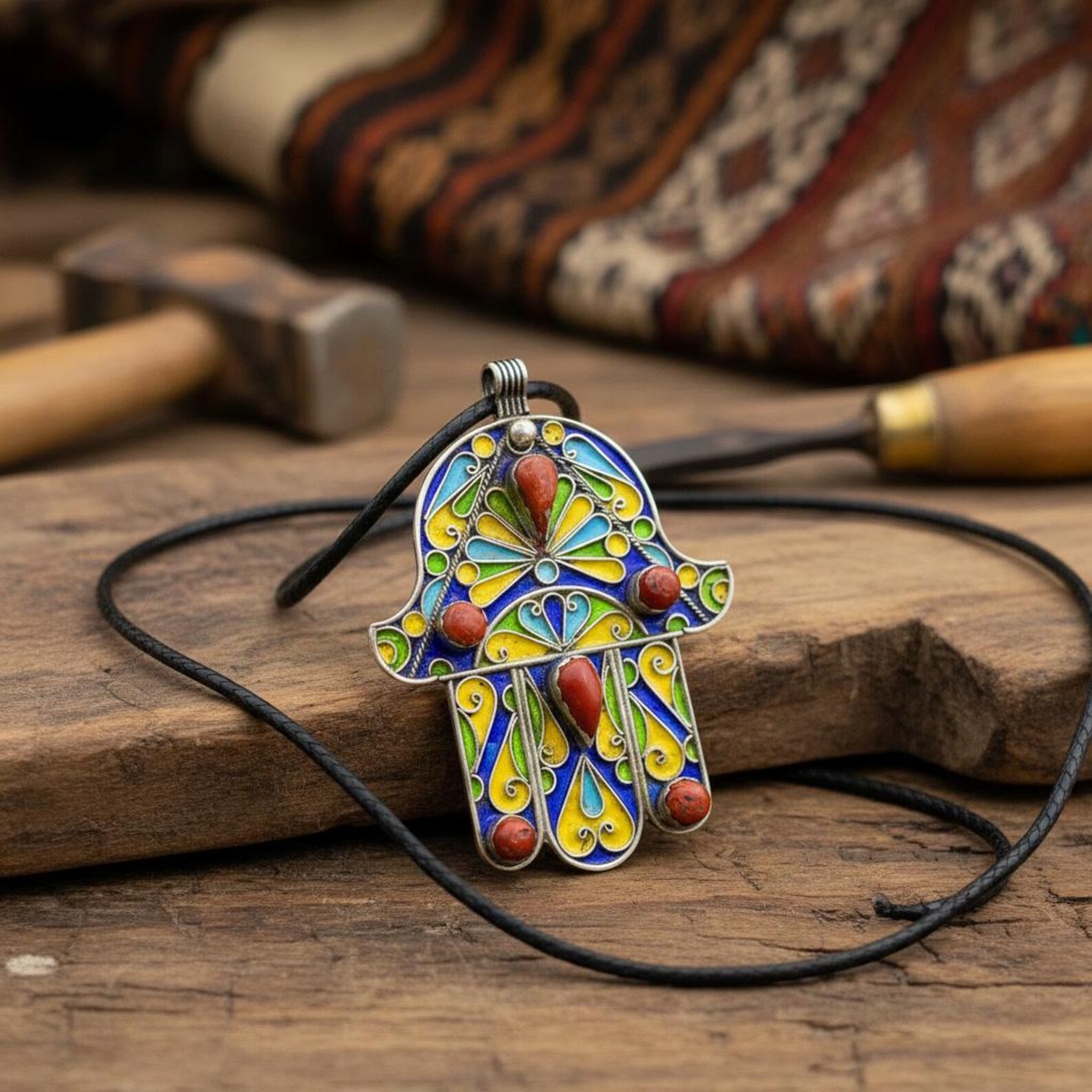 Berber Khamsa Pendant Silver Handmade Hamsa Red Necklace