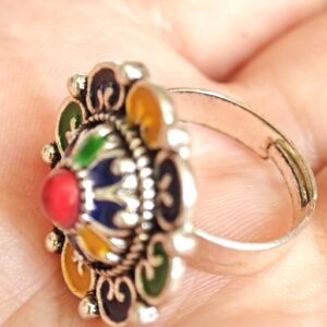Amazigh Silver Tone Enameled Adjustable Flower métal Ring