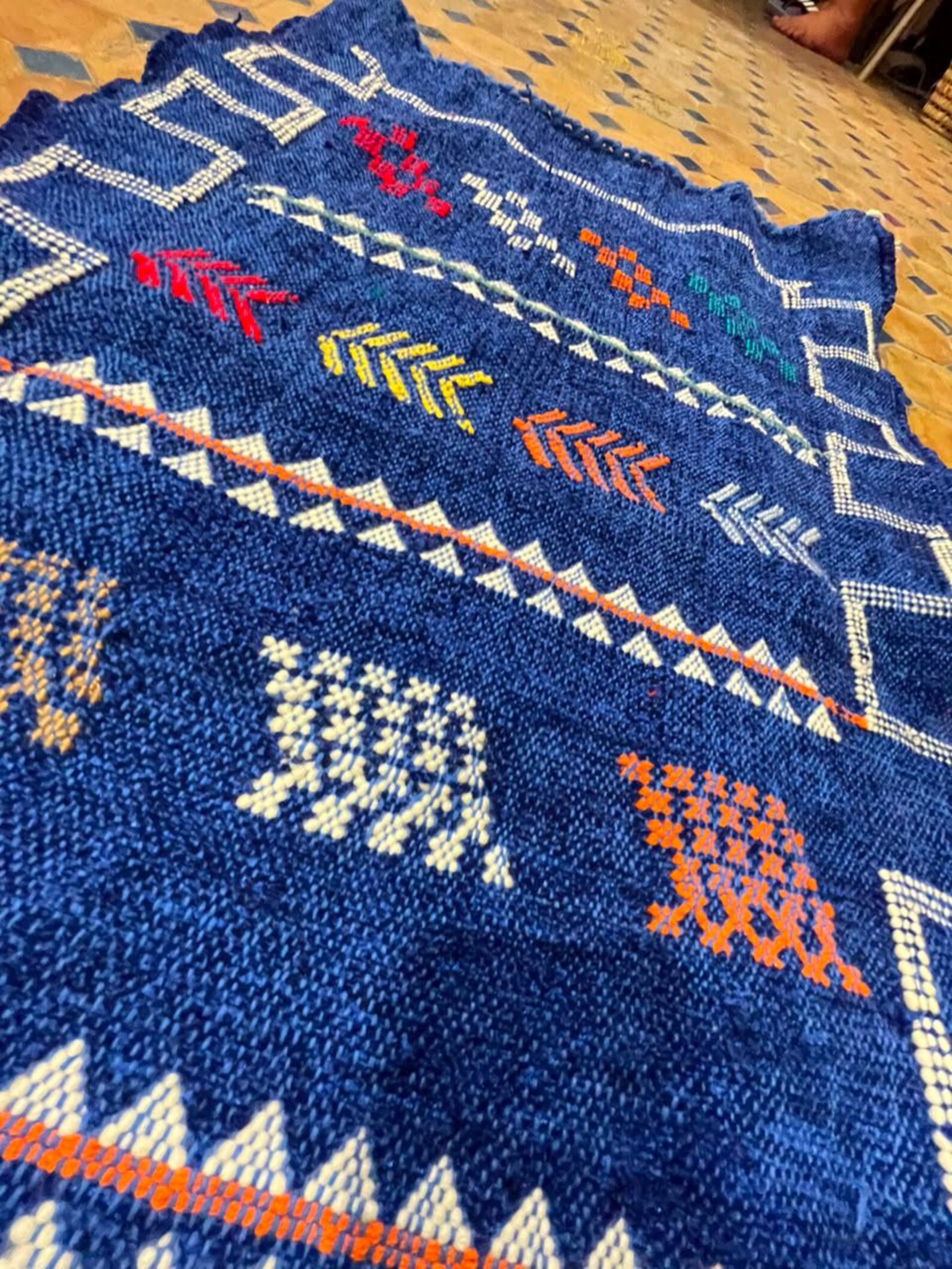 Berber Handmade Navy Blue Cashmere Geometric Carpet Rug