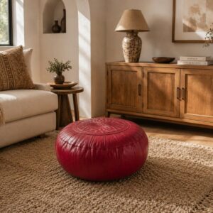 Amazigh Dark Red Leather Round Boho Floor Pouf