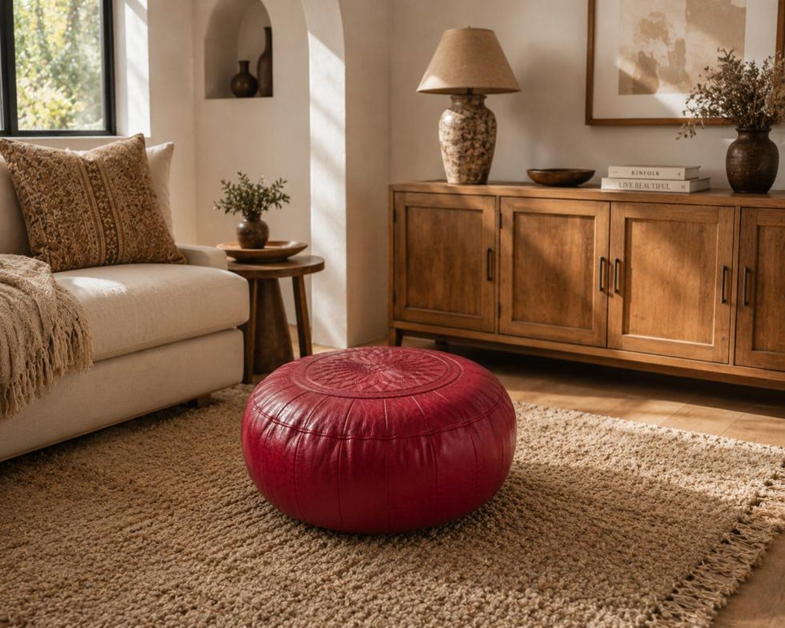 Amazigh Dark Red Leather Round Boho Floor Pouf