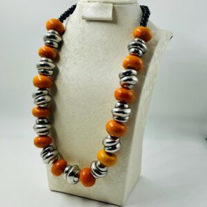 Amazigh Orange Resin Beads Silver-Tone Accents Bold Necklace