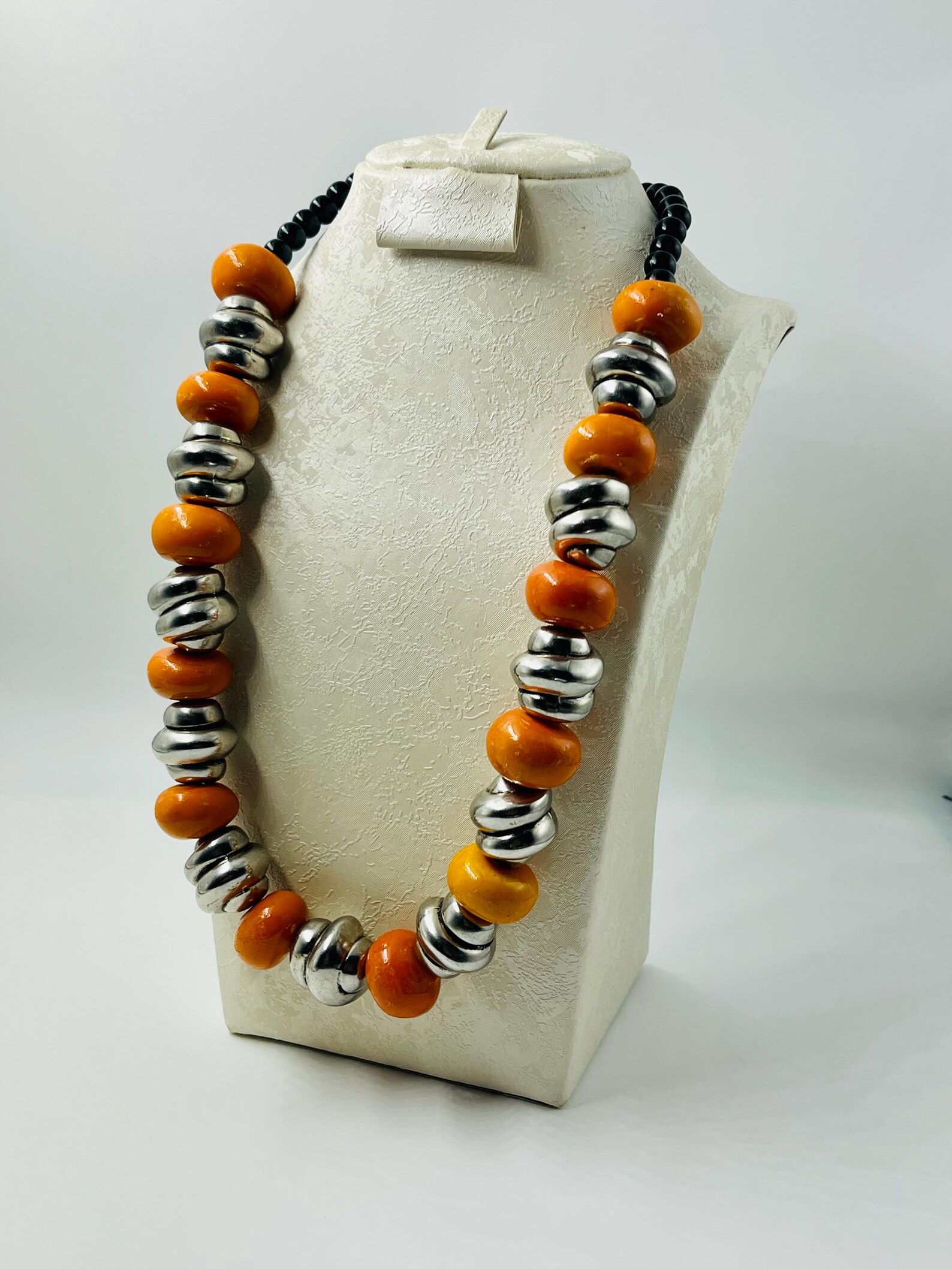 Amazigh Orange Resin Beads Silver-Tone Accents Bold Necklace
