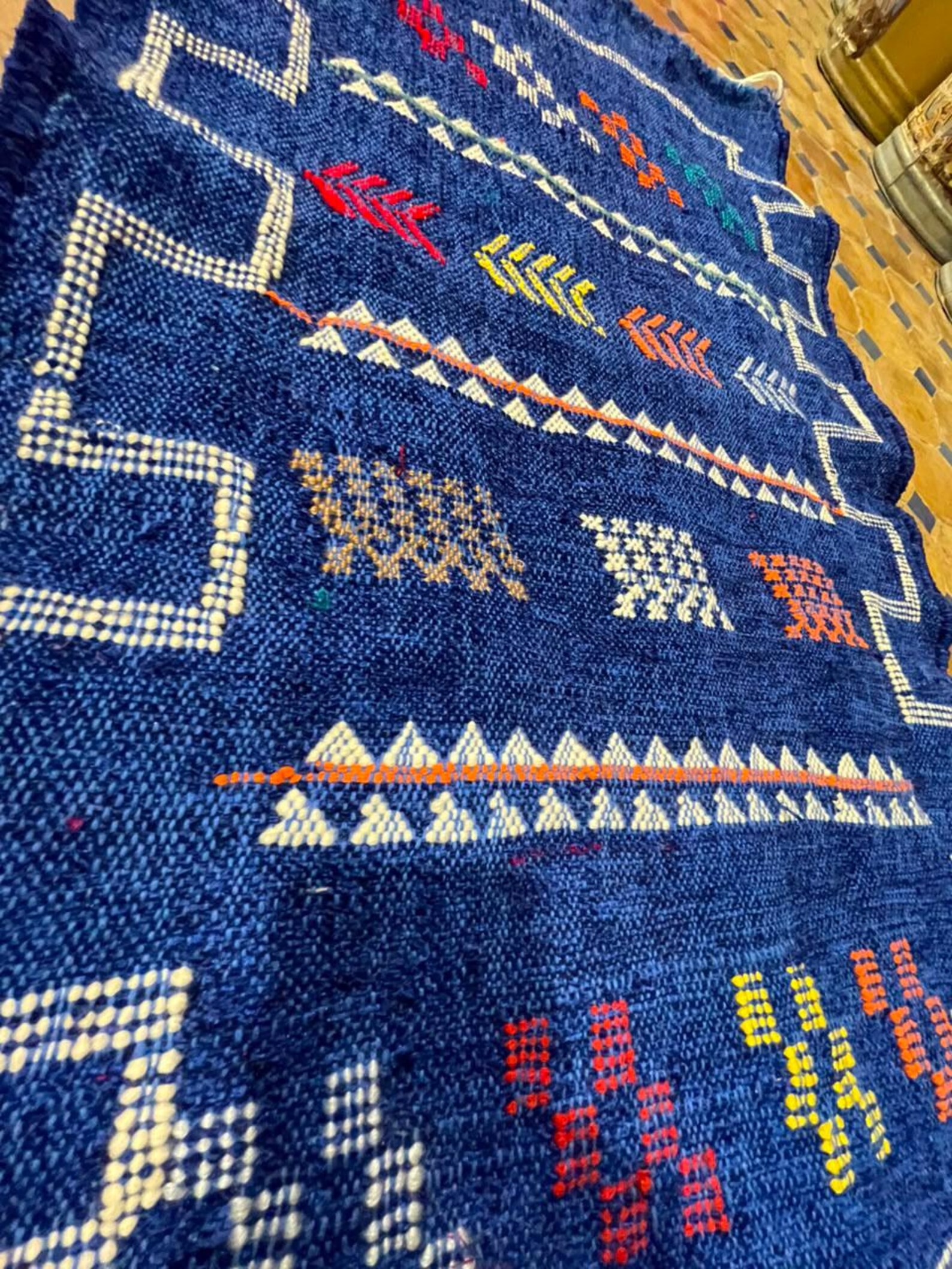 Berber Handmade Navy Blue Cashmere Geometric Carpet Rug