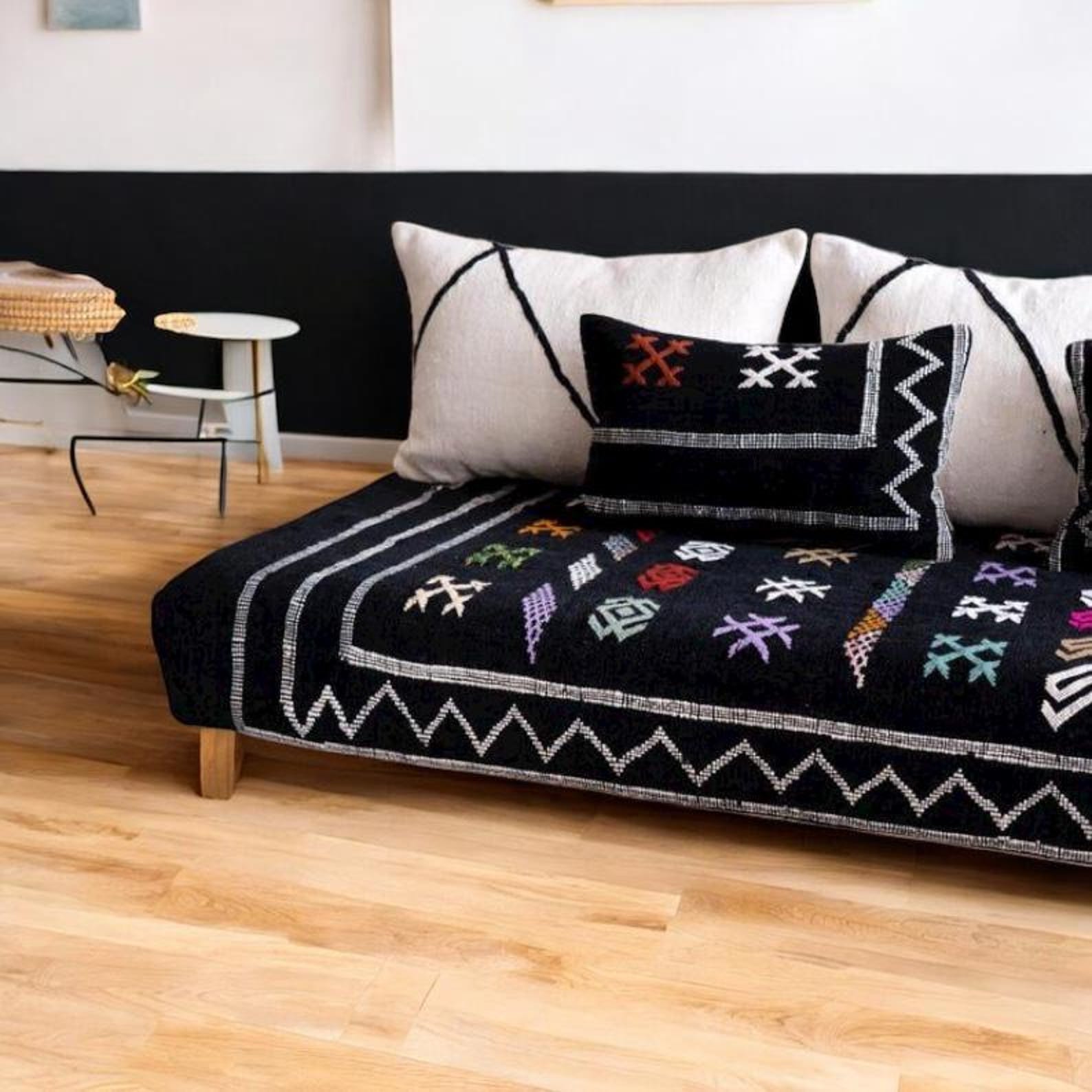 Black Amazigh Hanbel Floor Sofa Colorful Symbol Seating Pouf