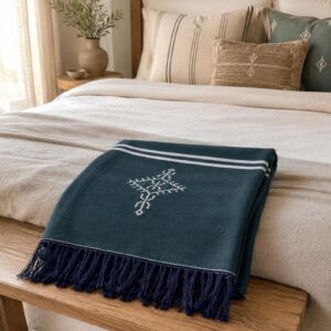 Amazigh Deep Teal Cotton Bedspread Handmade White Blanket