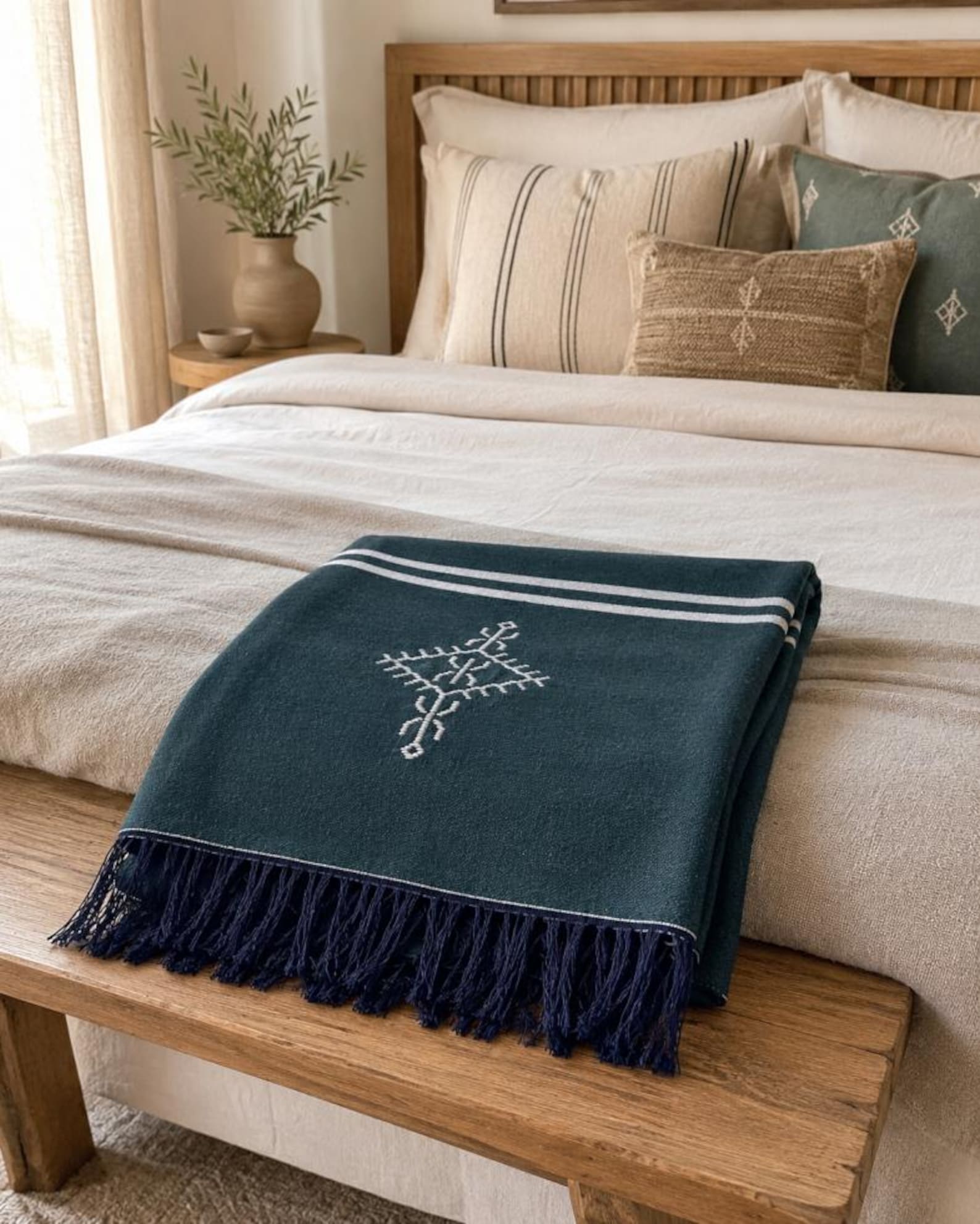 Amazigh Deep Teal Cotton Bedspread Handmade White Blanket