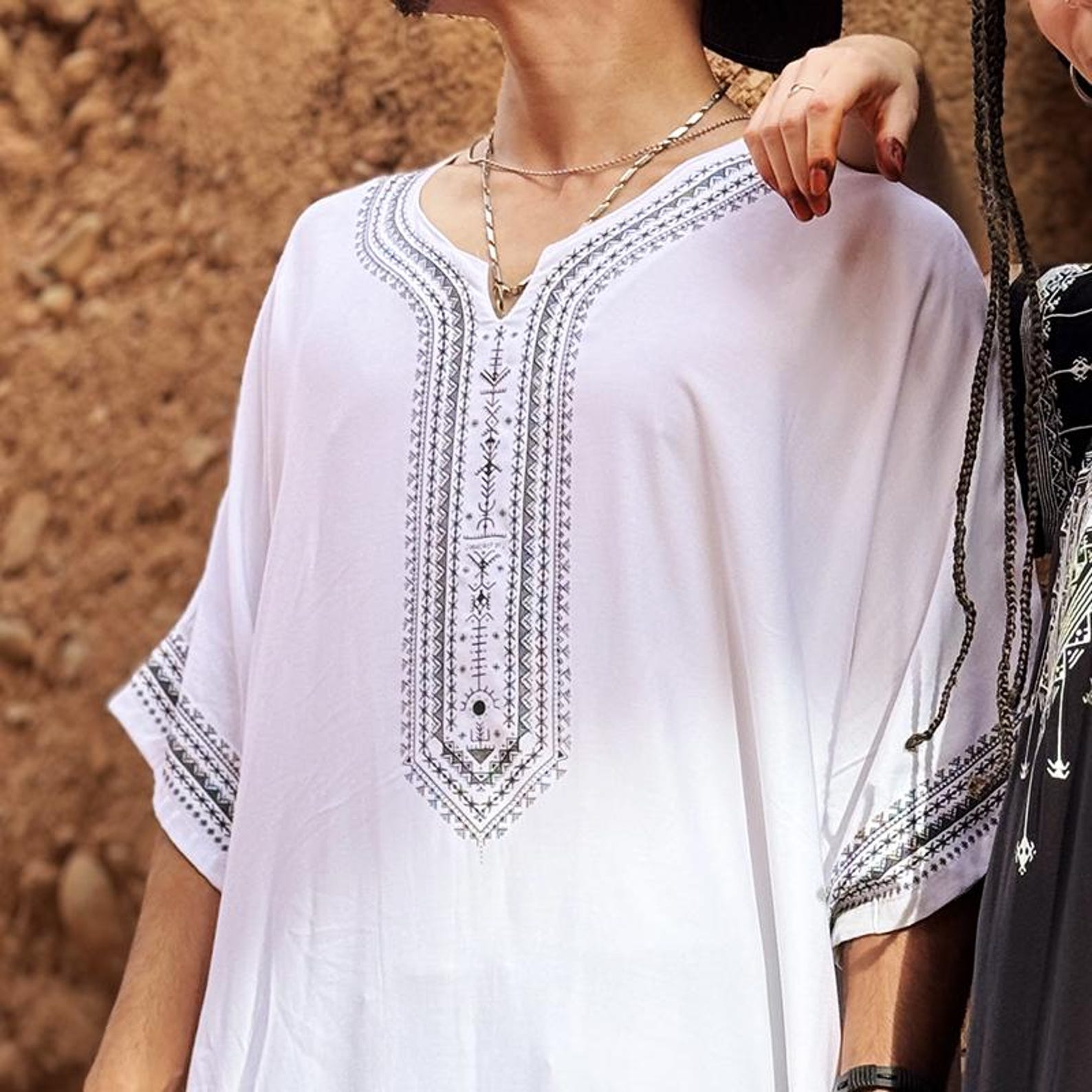 Berber Men Handmade Cotton Screen Printed Gandora Kaftan