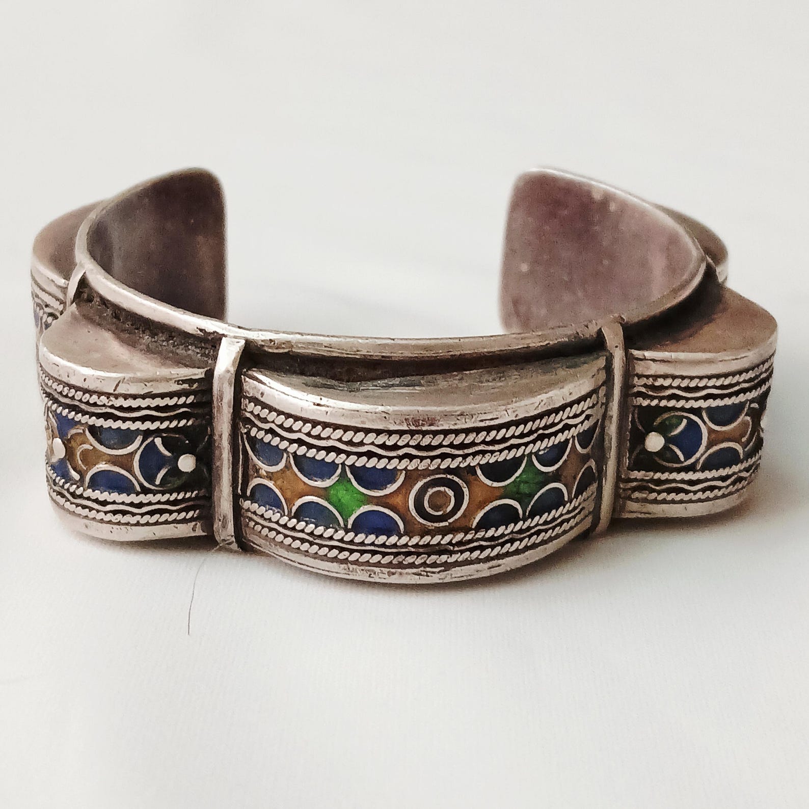 Berber Vintage Enameled Silver Cuff Bracelet for Everyday Personal Jewelry Styling