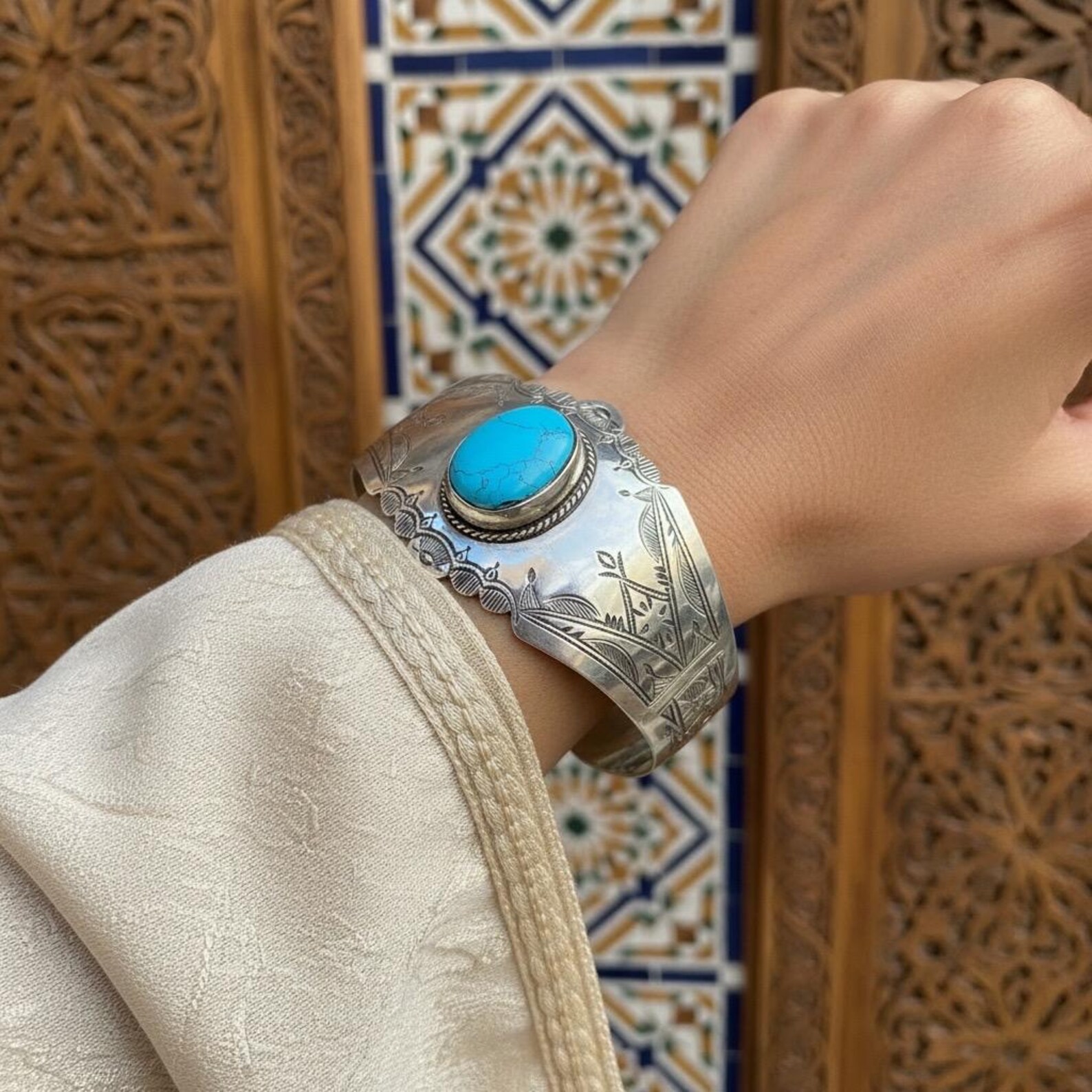 Berber Silver Handmade Turquoise Stone Cuff Jewelry Bracelet