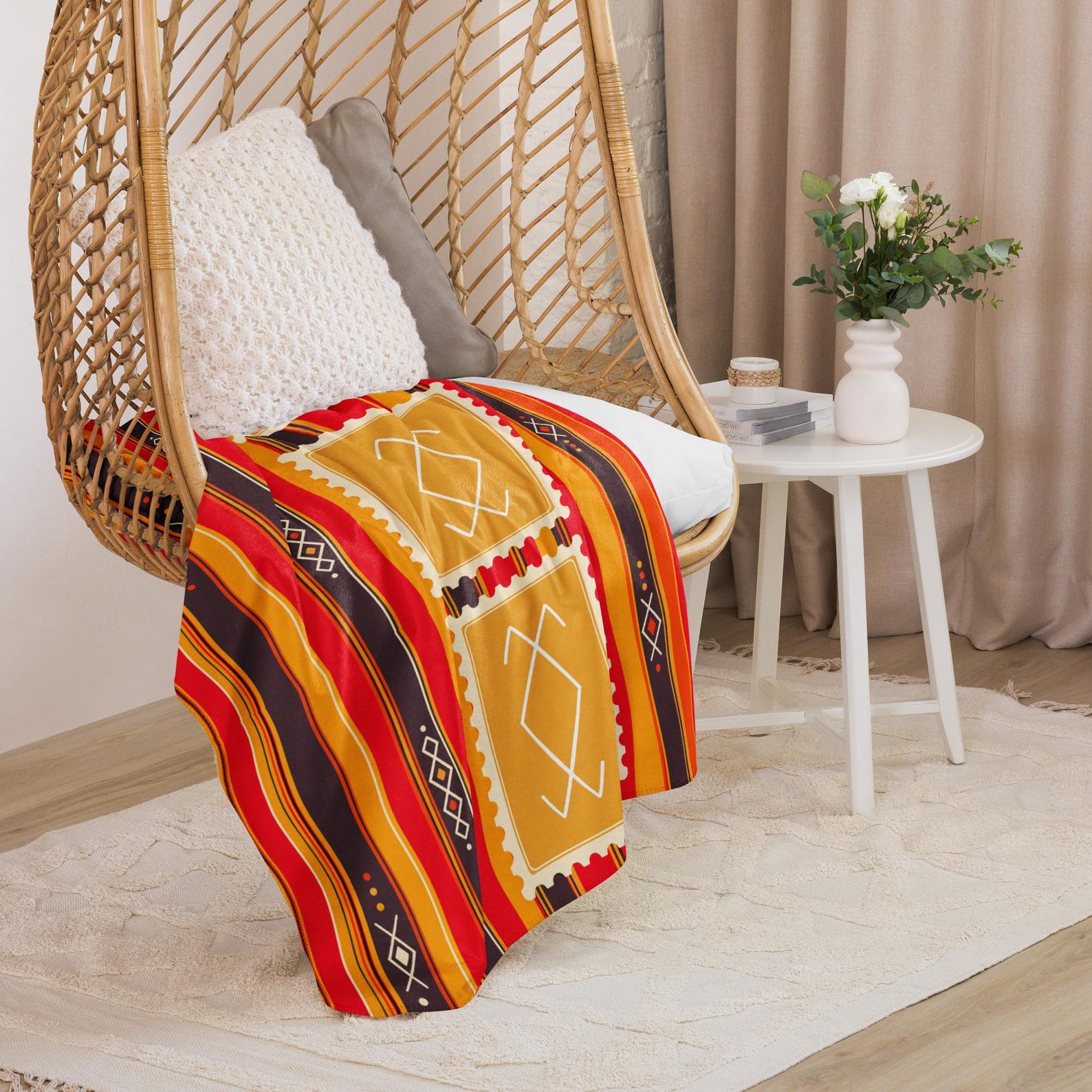 Kabyle Berber Amazigh Sherpa Textile Throw Orange Red North African Blanket