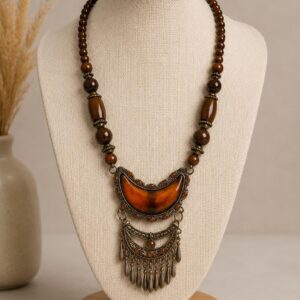 Amazigh Beaded Wood Agate Brass Bohemian Tribal Necklace