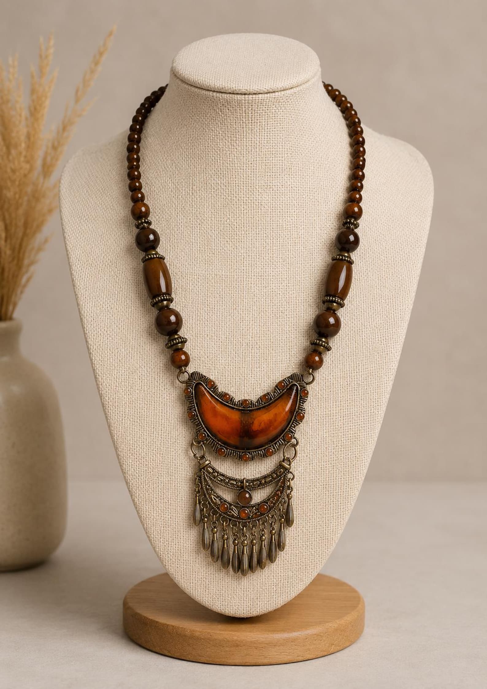 Amazigh Beaded Wood Agate Brass Bohemian Tribal Necklace