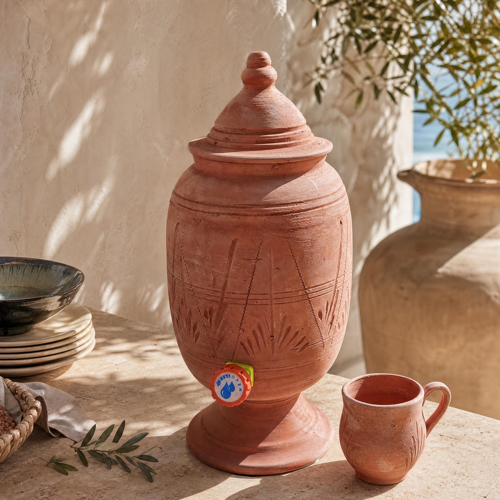 Amazigh Handmade Clay Water Spigot Cup Terracotta Dispenser