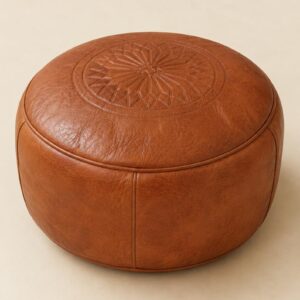 Berber Leather Handmade Cognac Round Ottoman Unstuffed Pouf