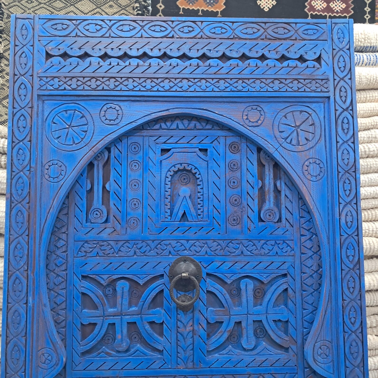 Berber Handcrafted Redwood Door Carved Interior Decor Blue