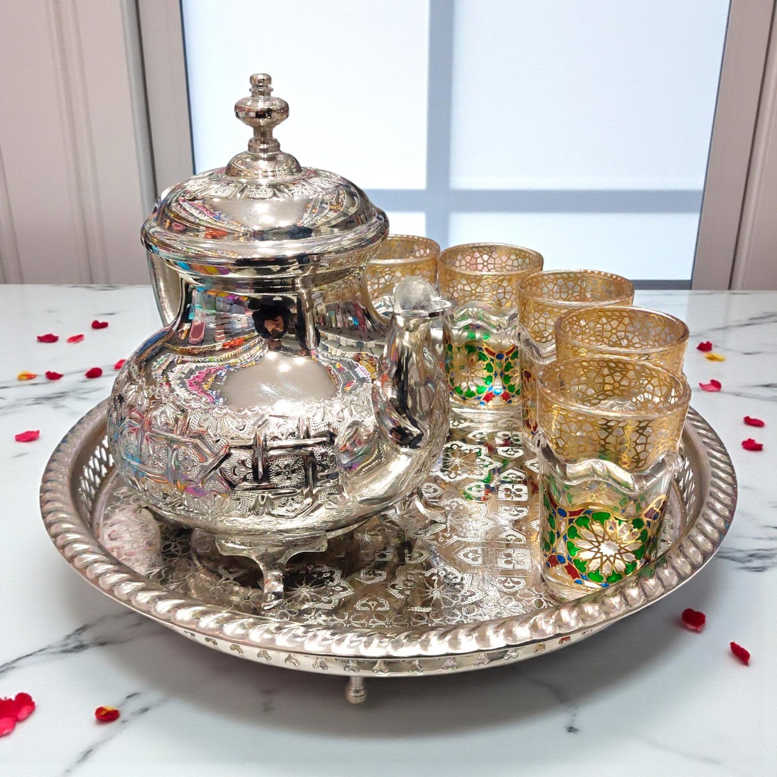 Amazigh Silver Tea Set Tray Glasses Handmade Traditional