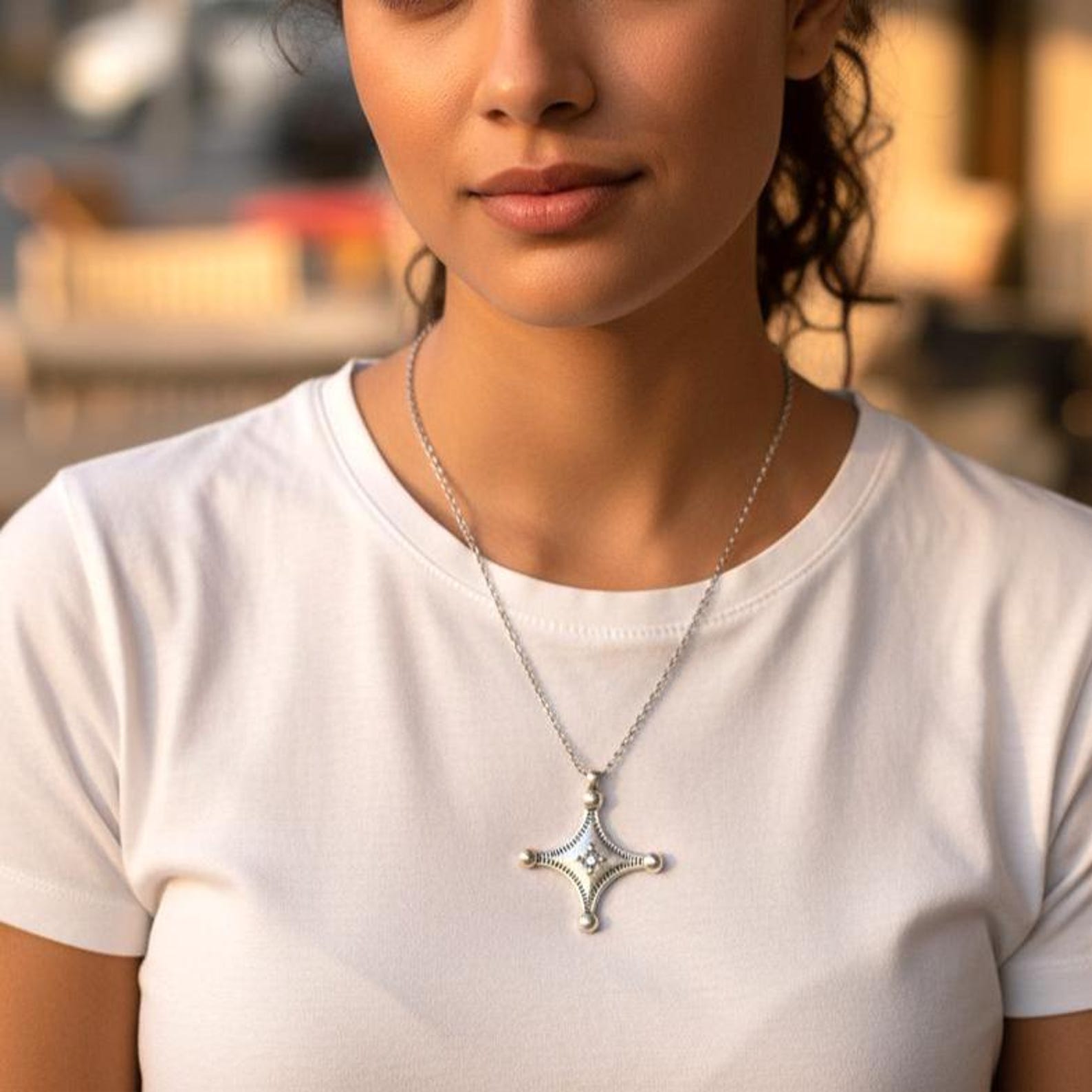 Amazigh Berber Tuareg Southern Cross Silver-Plated Fibula Pendant Necklace
