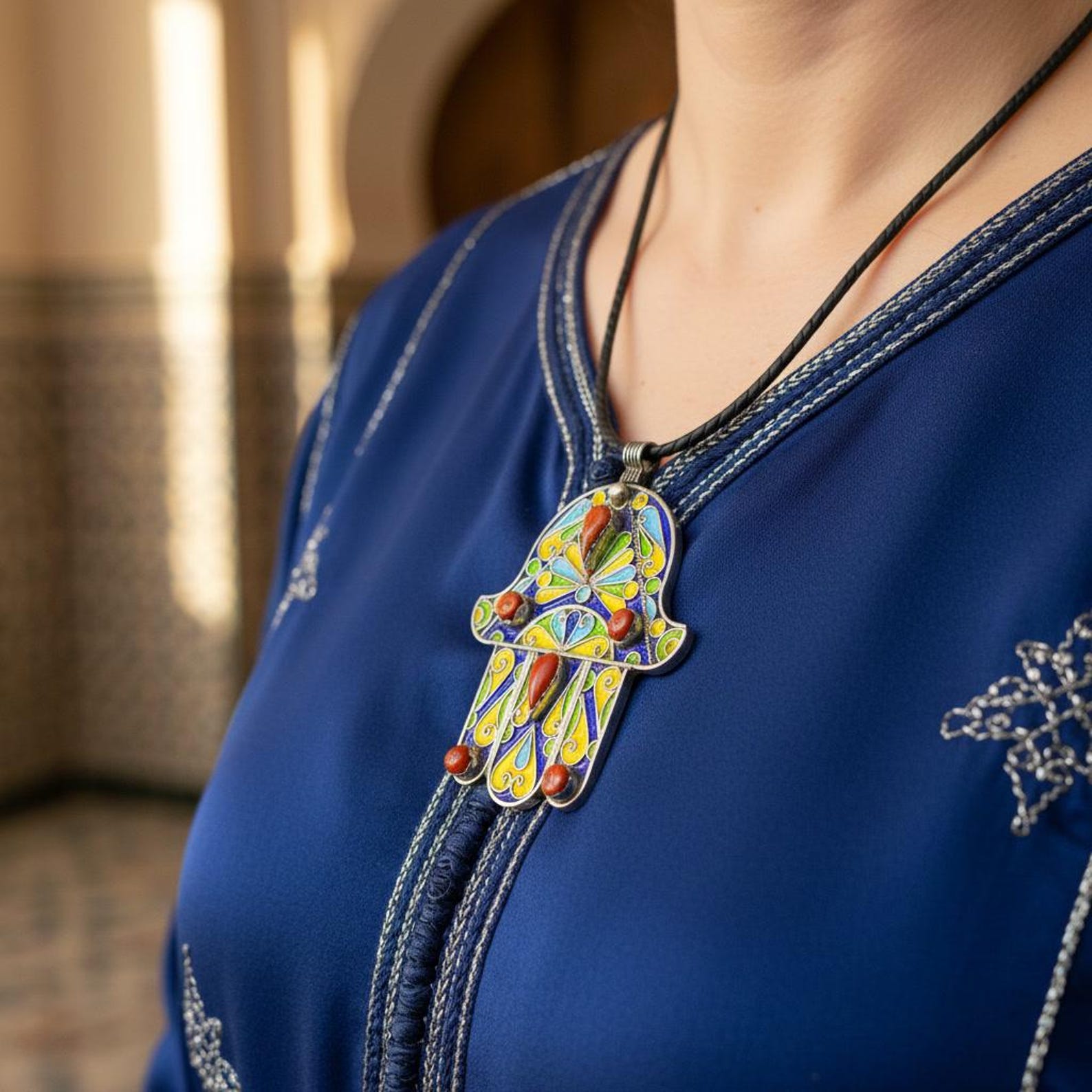 Berber Khamsa Pendant Silver Handmade Hamsa Red Necklace