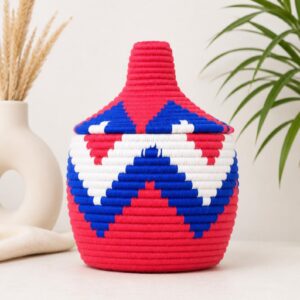 Berber Handmade Woven Palm Basket with Lid and Wool