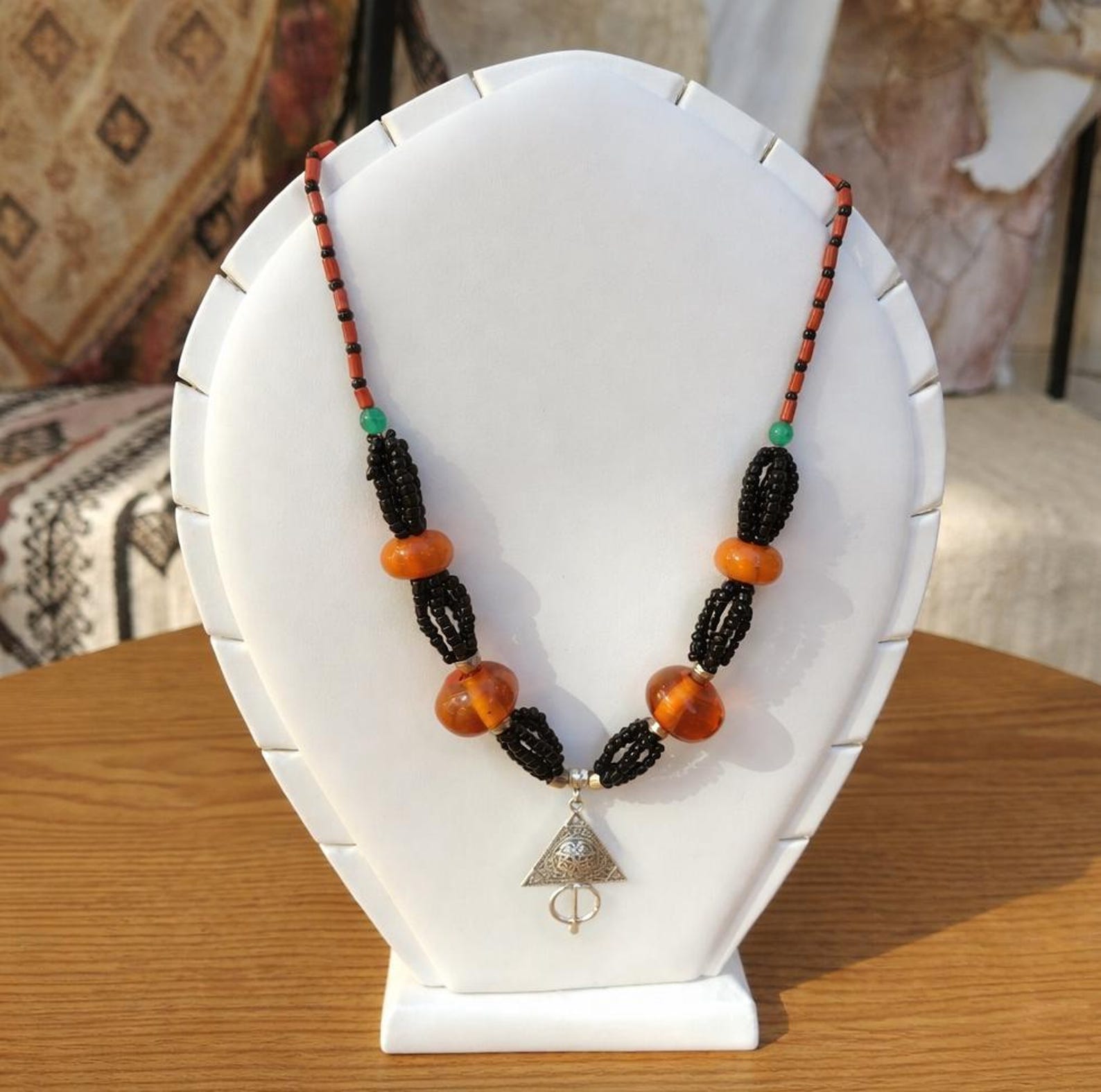 Amazigh The Souss Heritage Necklace Authentic with Silver Plated Tazarzit Amber Accents