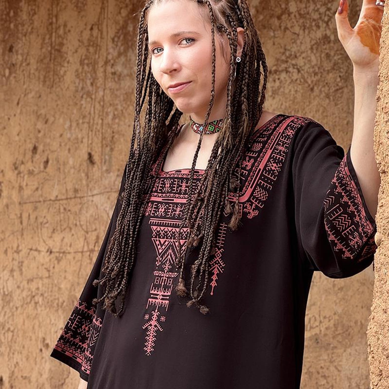 Berber Maxi Dress Handmade Screen Printed Symbol Kaftan