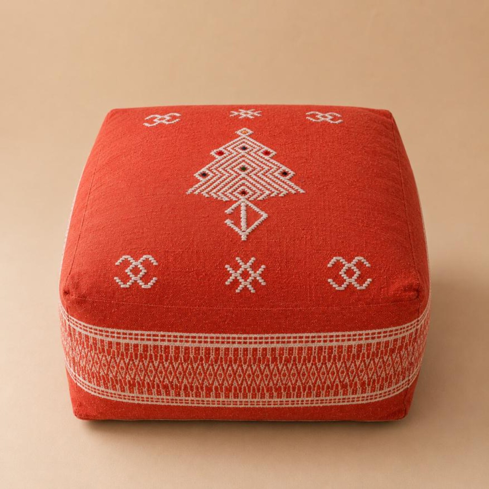 Berber Red Boho Floor Seating Cushion Embroidered Pouf