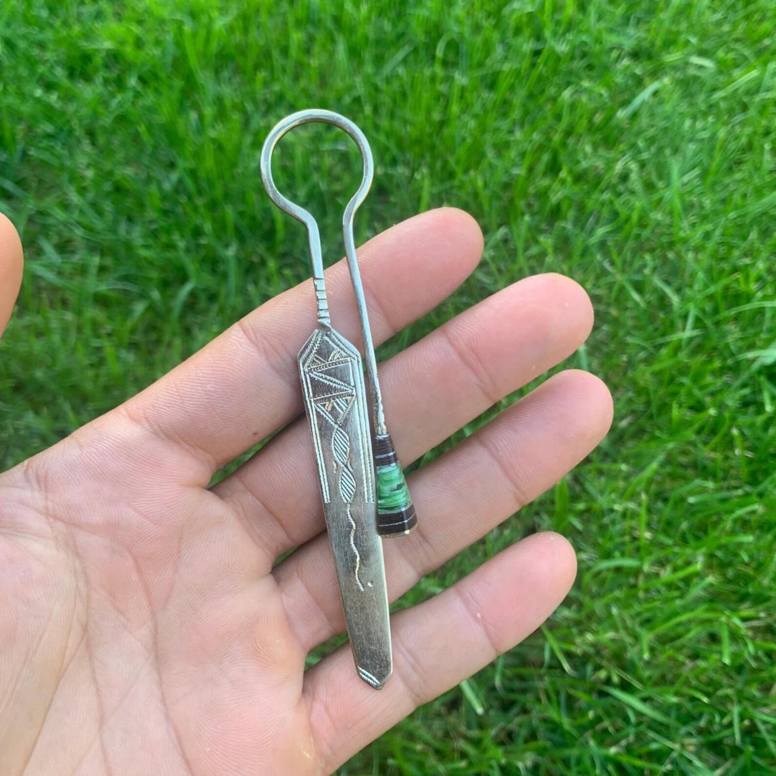 Berber Tuareg Hand-Engraved Metal Bookmark with Green Glass