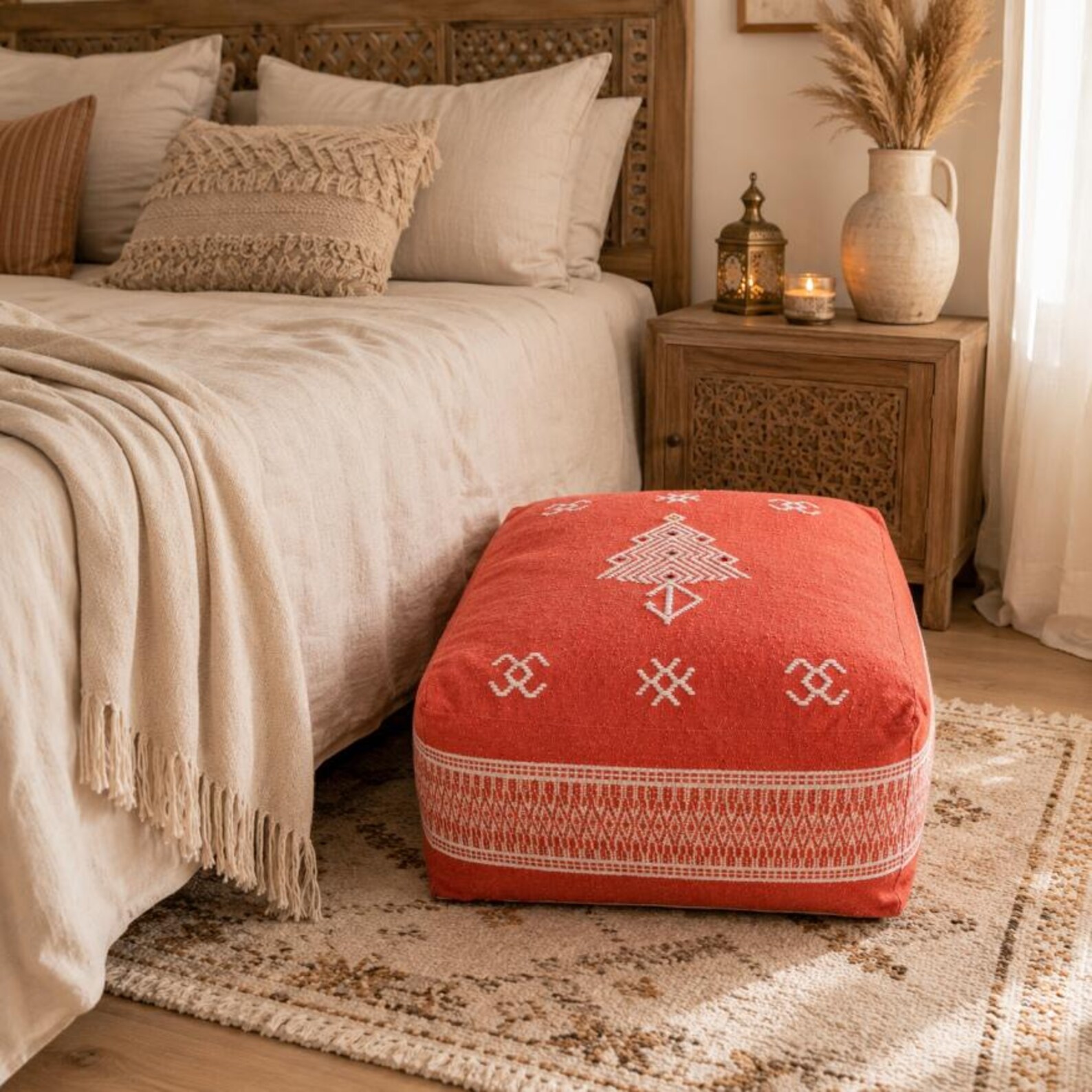 Berber Red Boho Floor Seating Cushion Embroidered Pouf