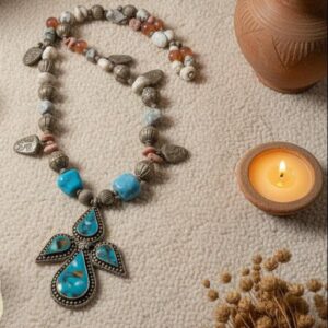 Amazigh Indigenous Brown Jasper Blue Turquoise Antique Charm Necklace