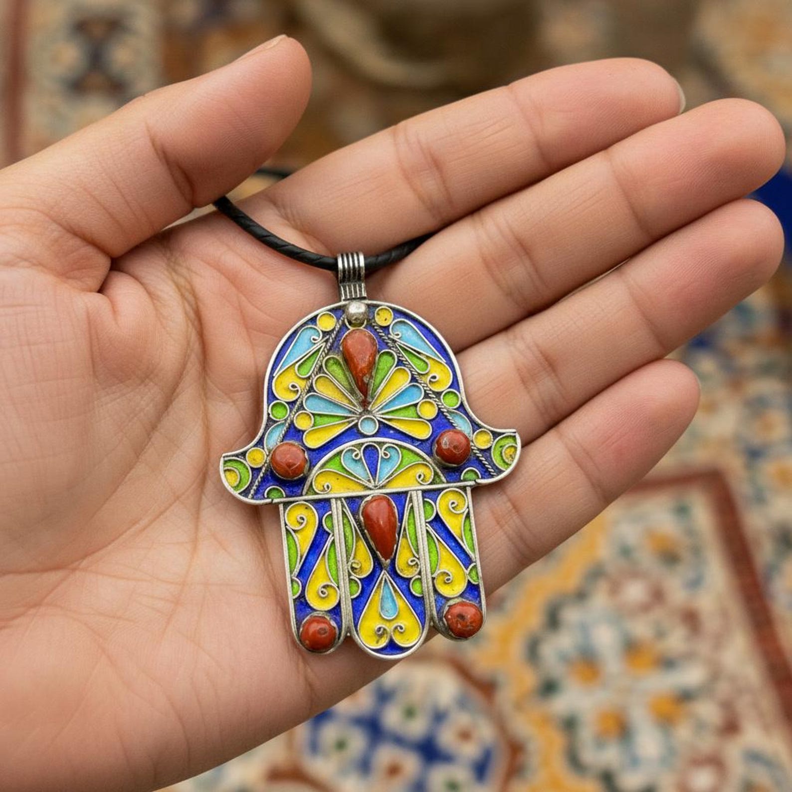 Berber Khamsa Pendant Silver Handmade Hamsa Red Necklace