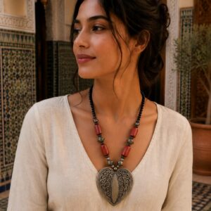 Amazigh Handmade Heart Pendant Red Beaded Statement Necklace