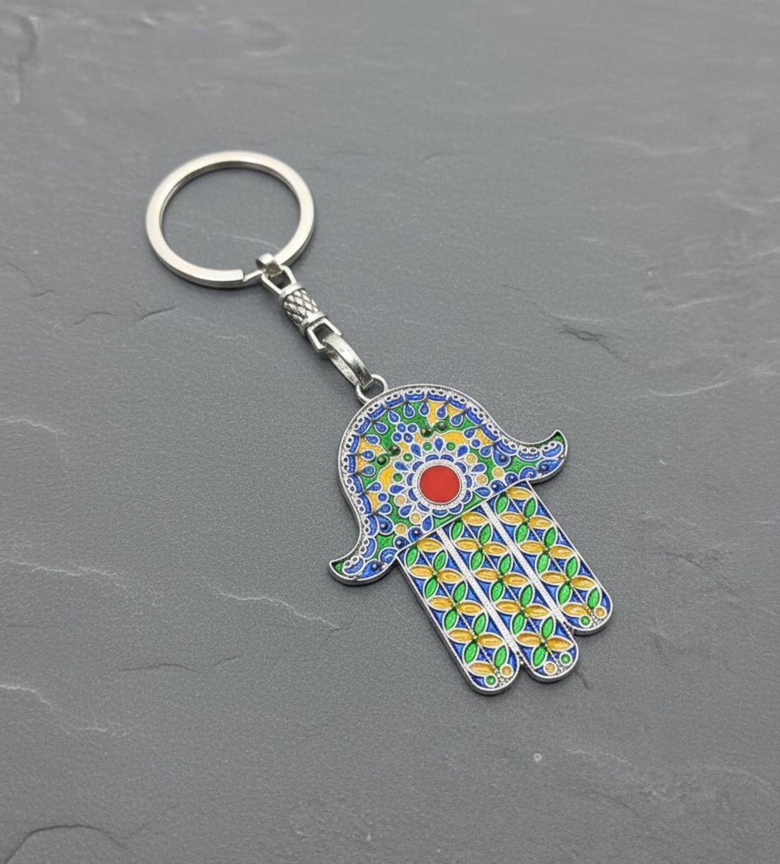Amazigh Kabyle Khamsa Enameled Silver-Tone Alloy Keychain with Steel Ring