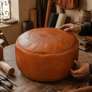 Berber Leather Handmade Cognac Round Ottoman Unstuffed Pouf