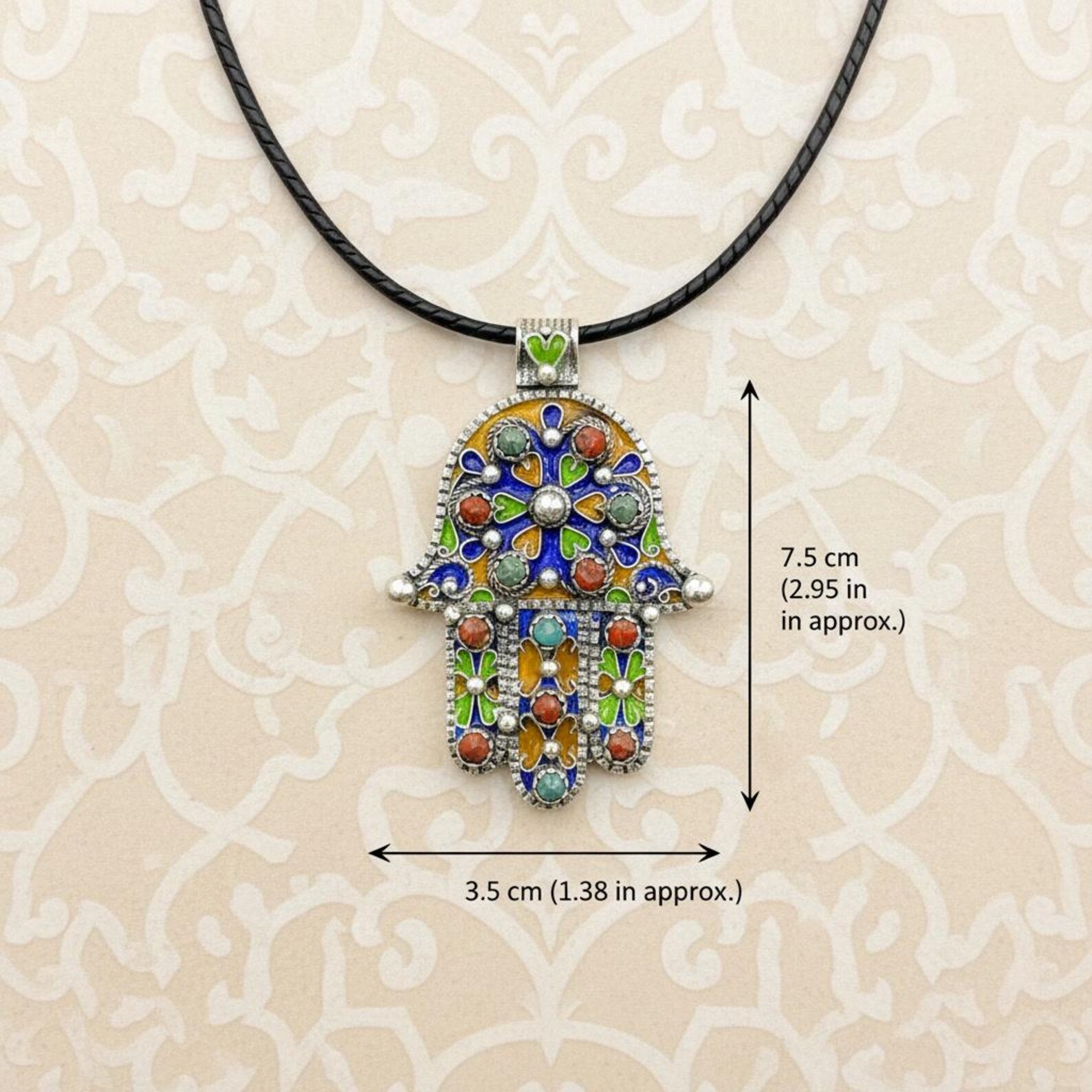 Berber Hamsa Hand Silver Handmade Enamel Pendant Necklace