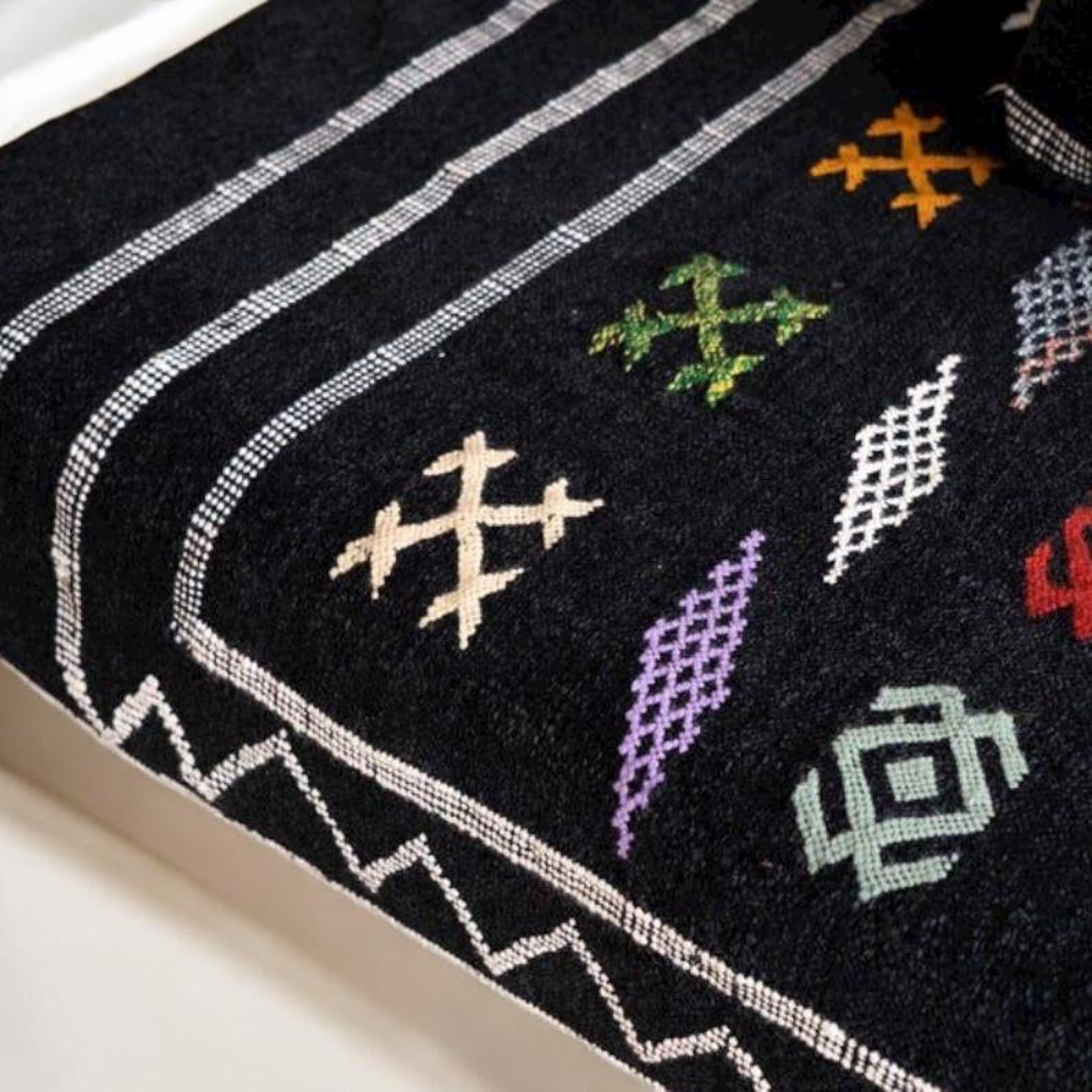 Black Amazigh Hanbel Floor Sofa Colorful Symbol Seating Pouf