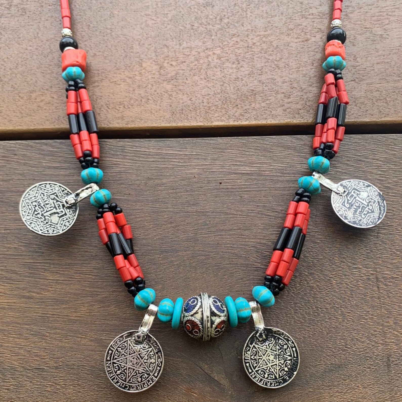 Berber Coral Turquoise Antique Coin Handmade Statement Necklace