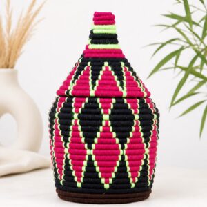 Berber Handmade Woven Palm Basket with Lid and Wool